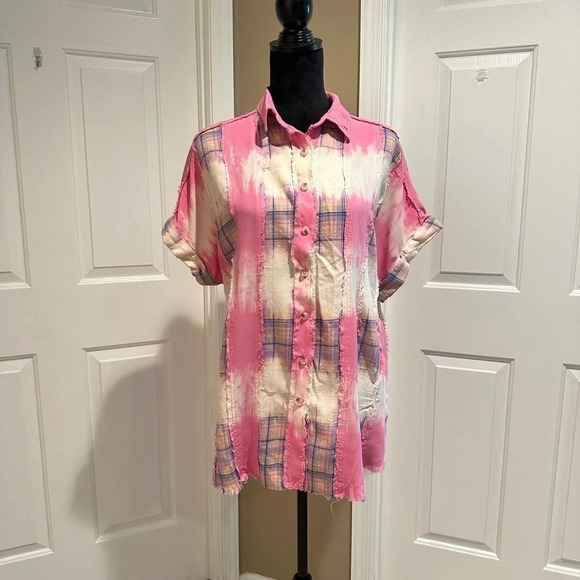 White Birch woven plaid bleached button down - Picture 3 of 8